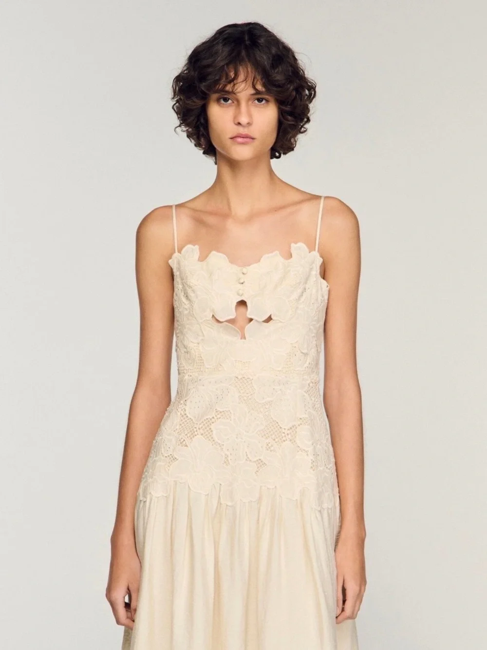 Sandro guipure Lace Bodice Spaghetti Strap Midi Dress in Cream - Picture 2 of 6